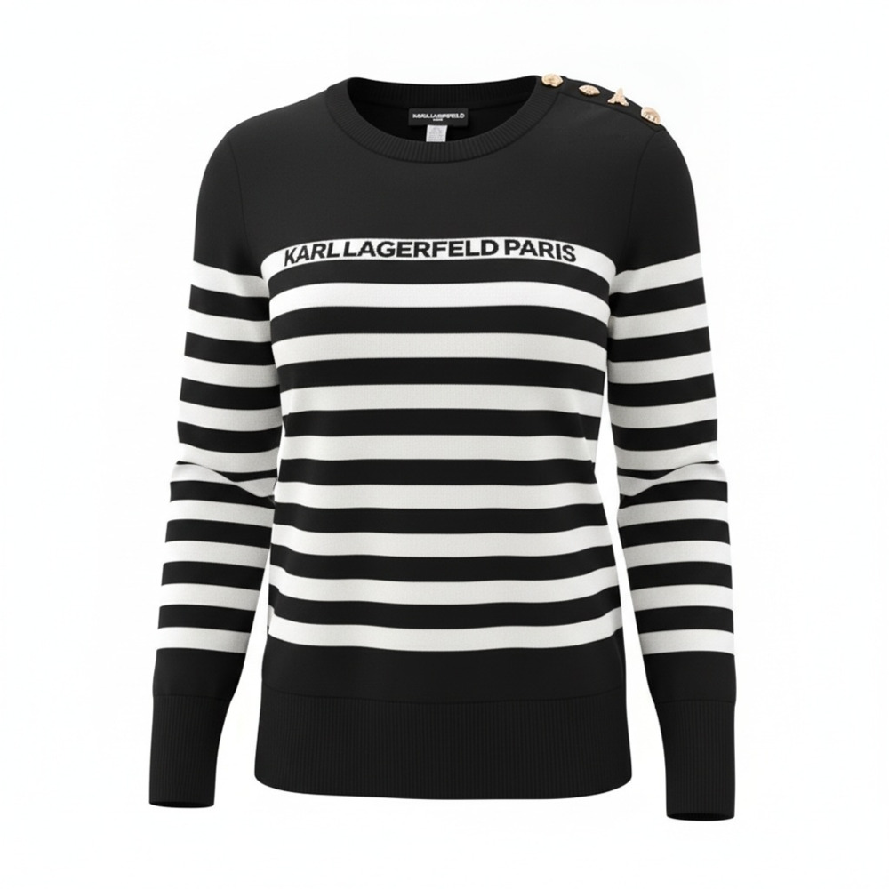 Karl Lagerfeld Paris Striped Logo Sweater Size XL Black White Shoulder Buttons